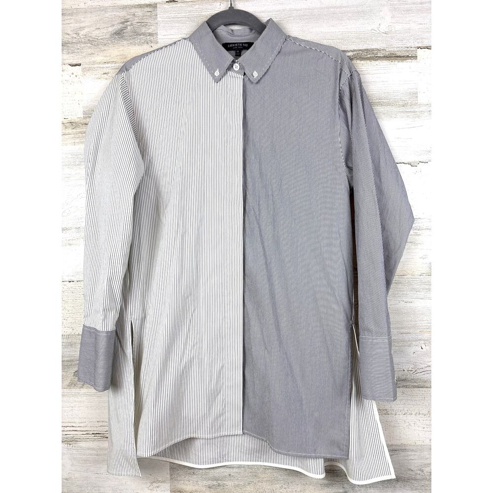 Lafayette 148 New York Womens XS Black White Striped Button Up Dress Shirt NEW